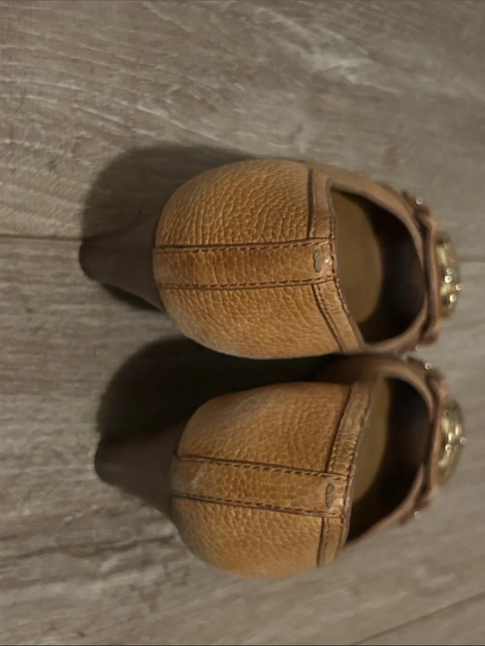 Tory Burch Tan Leather Peep-Toe Heels with Gold Logo Medallion